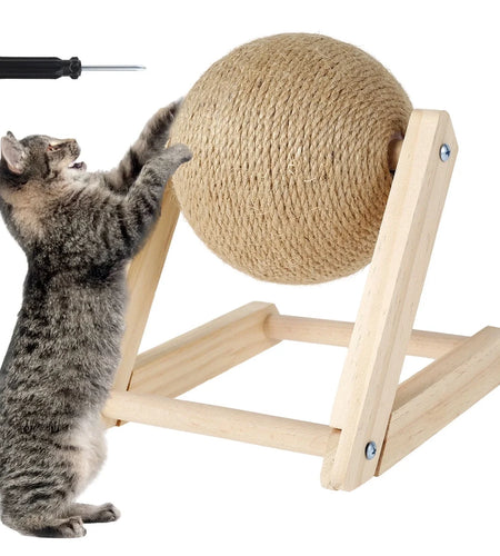 Cat Scratching Ball Natural Sisal Cat Scratcher Toy with Catnip Interactive Solid Wood Scratcher Ball 7X7X6.3 Inch Cat Scratch Post with Rotatable Ball for Indoor Cats and Kitten