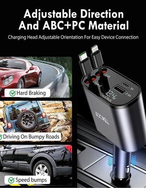 Load image into Gallery viewer, Retractable Car Charger,100W 4 in 1 Super Fast Charge Car Phone Charger,Retractable Cables (31.5 Inch) and 2 USB Ports Car Charger Adapter for Iphone 15/14/13/12 Pro Max Xr,Ipad,Samsung

