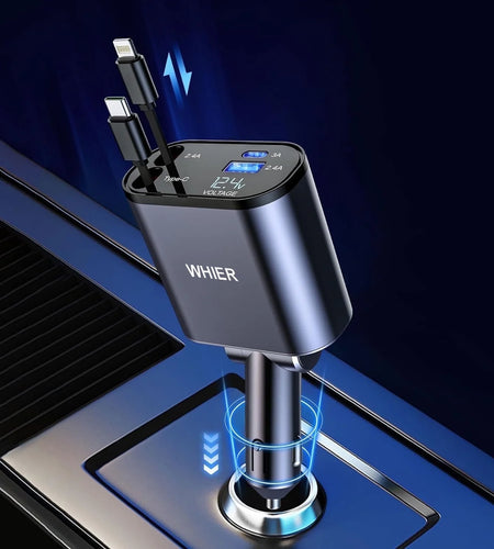 Retractable Car Charger,100W 4 in 1 Super Fast Charge Car Phone Charger,Retractable Cables (31.5 Inch) and 2 USB Ports Car Charger Adapter for Iphone 15/14/13/12 Pro Max Xr,Ipad,Samsung