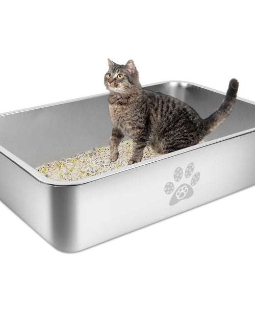 Load image into Gallery viewer, Cat Litter Box with High Sides Large Stainless Steel Cat Litter Pan 23.6" X 15.7" X 5.9"
