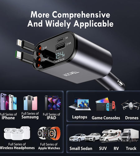 Retractable Car Charger,100W 4 in 1 Super Fast Charge Car Phone Charger,Retractable Cables (31.5 Inch) and 2 USB Ports Car Charger Adapter for Iphone 15/14/13/12 Pro Max Xr,Ipad,Samsung