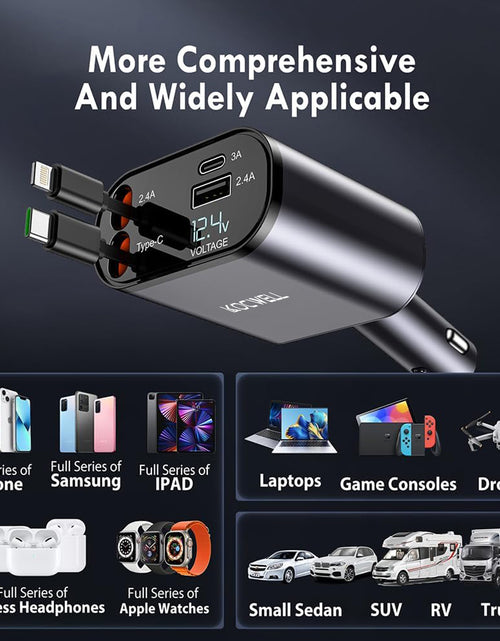 Load image into Gallery viewer, Retractable Car Charger,100W 4 in 1 Super Fast Charge Car Phone Charger,Retractable Cables (31.5 Inch) and 2 USB Ports Car Charger Adapter for Iphone 15/14/13/12 Pro Max Xr,Ipad,Samsung
