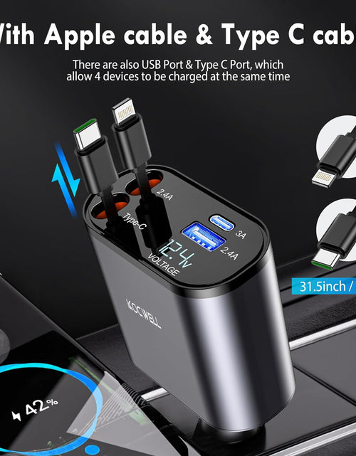 Load image into Gallery viewer, Retractable Car Charger,100W 4 in 1 Super Fast Charge Car Phone Charger,Retractable Cables (31.5 Inch) and 2 USB Ports Car Charger Adapter for Iphone 15/14/13/12 Pro Max Xr,Ipad,Samsung
