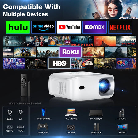 Portable Mini Projector with Wifi and Bluetooth and Speaker, Native 1080P 4K Support for Home Theater, Camping and Outdoor Movies